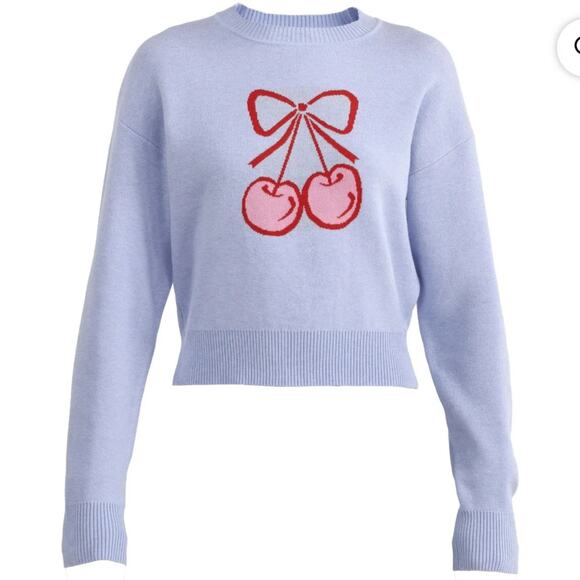 ๐ 3/$10 ๐ No Boundaries Cherry Design Sweater Light Blue Red Size Small - Picture 11 of 13